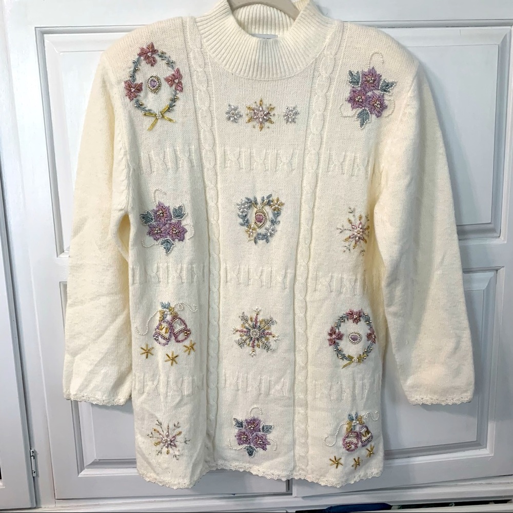 Vintage Koret Beaded & Embellished Cream Grandma Mock Neck Sweater